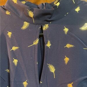 Navy Dress with Yellow Metallic Feather Print